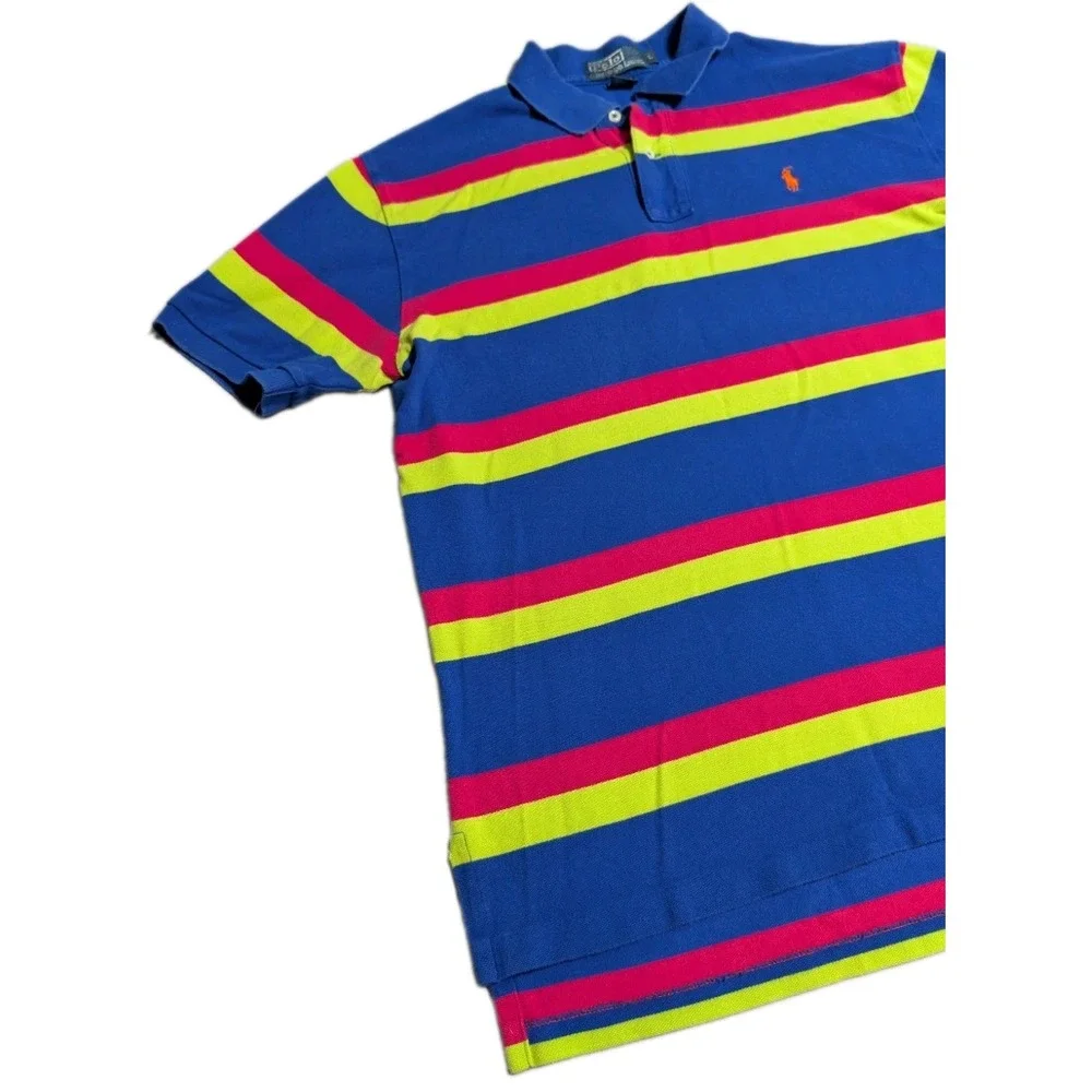 Polo Ralph Lauren Mens L Blue Neon Stripe Polo Shirt Pink Yellow Short Sleeve